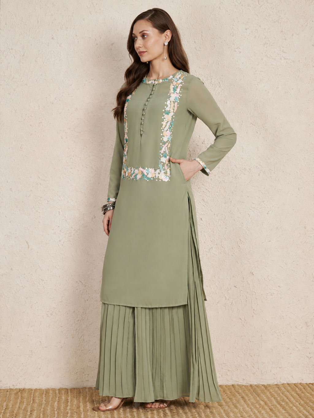Pastel Sage Green Embroidered Kurta Set with Pleated Palazzo