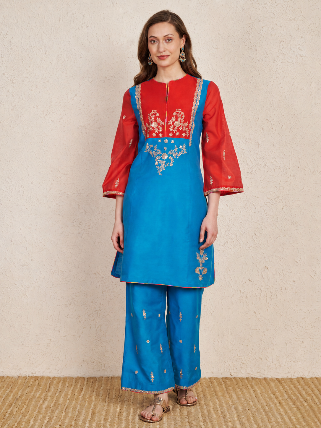 Turquoise Art Silk Kurta Set with Red Chanderi Sleeves