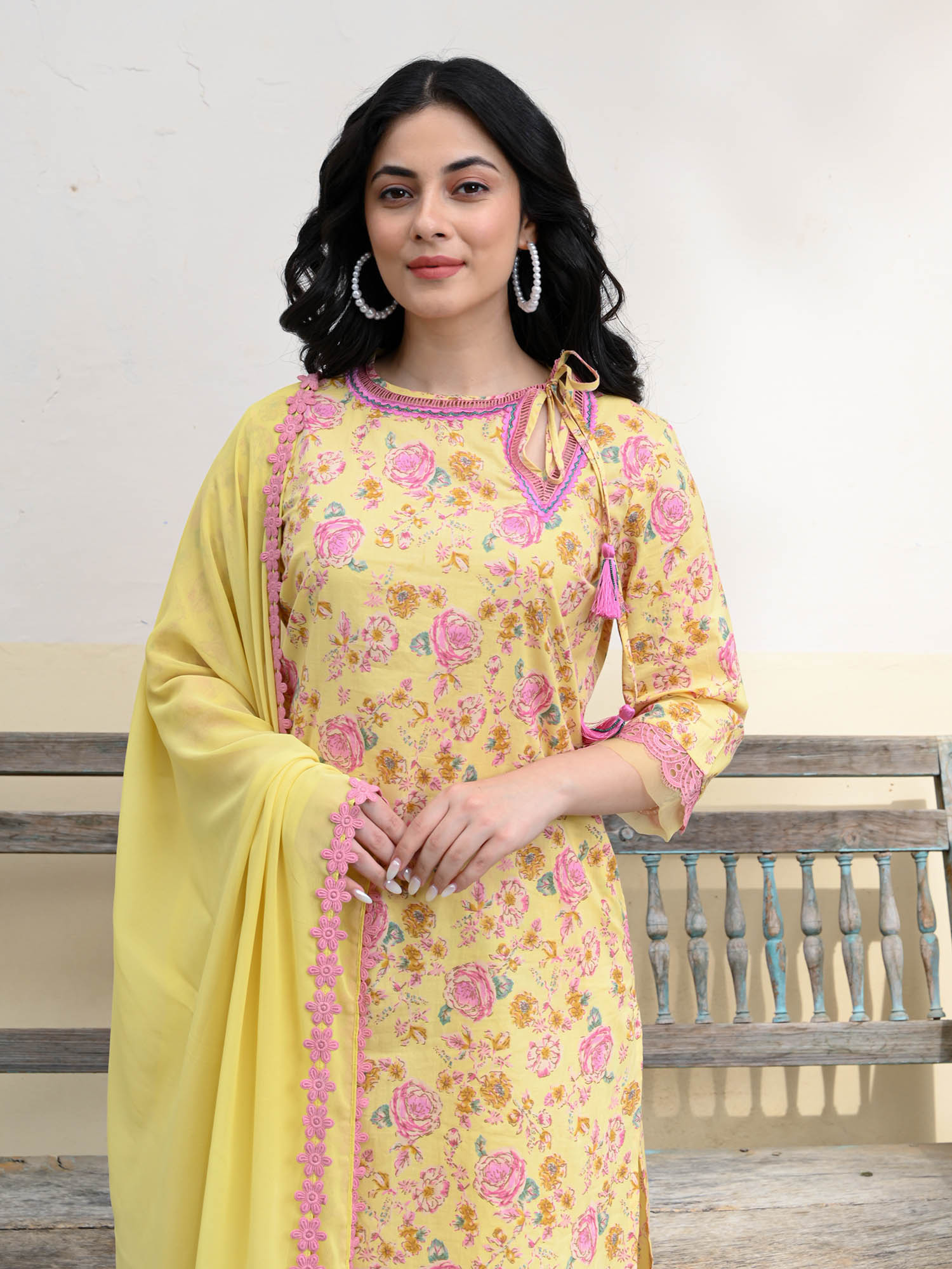 Pastel Yellow Floral Printed Kurta Set
