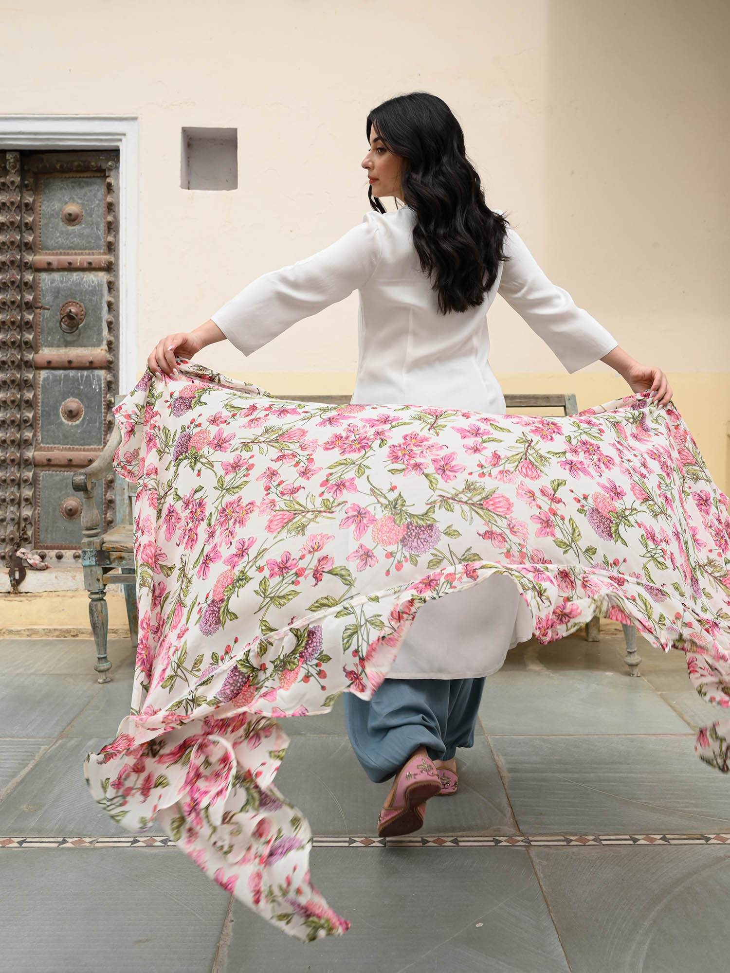 Floral Georgette Embroidered Cotton Kurta Pant Dupatta Set
