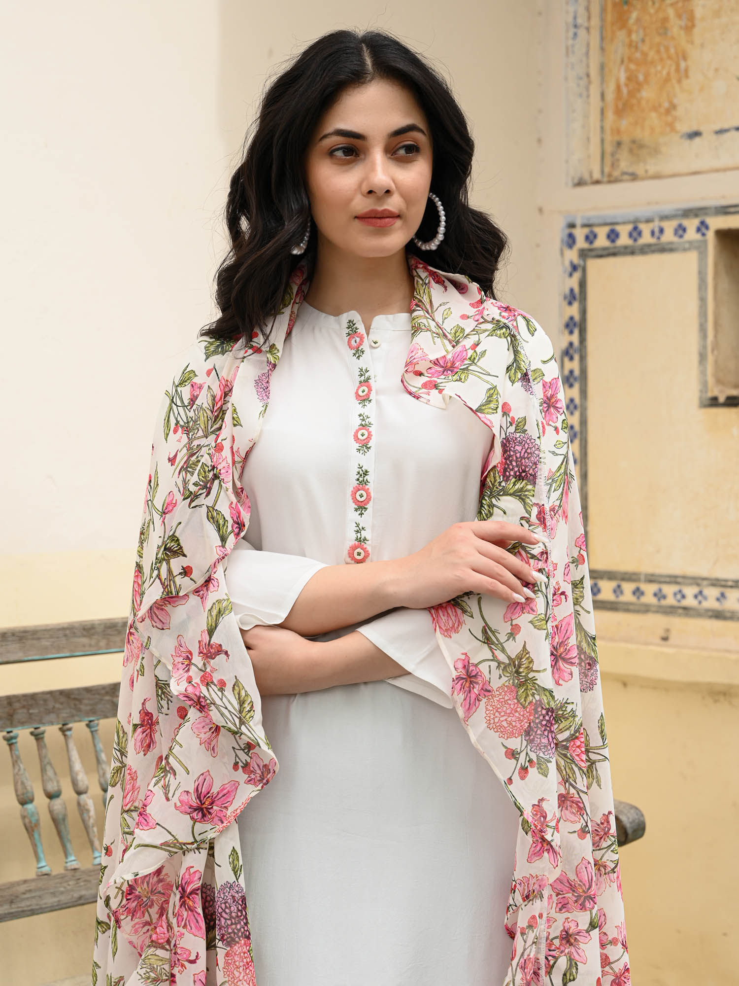 Floral Georgette Embroidered Cotton Kurta Pant Dupatta Set
