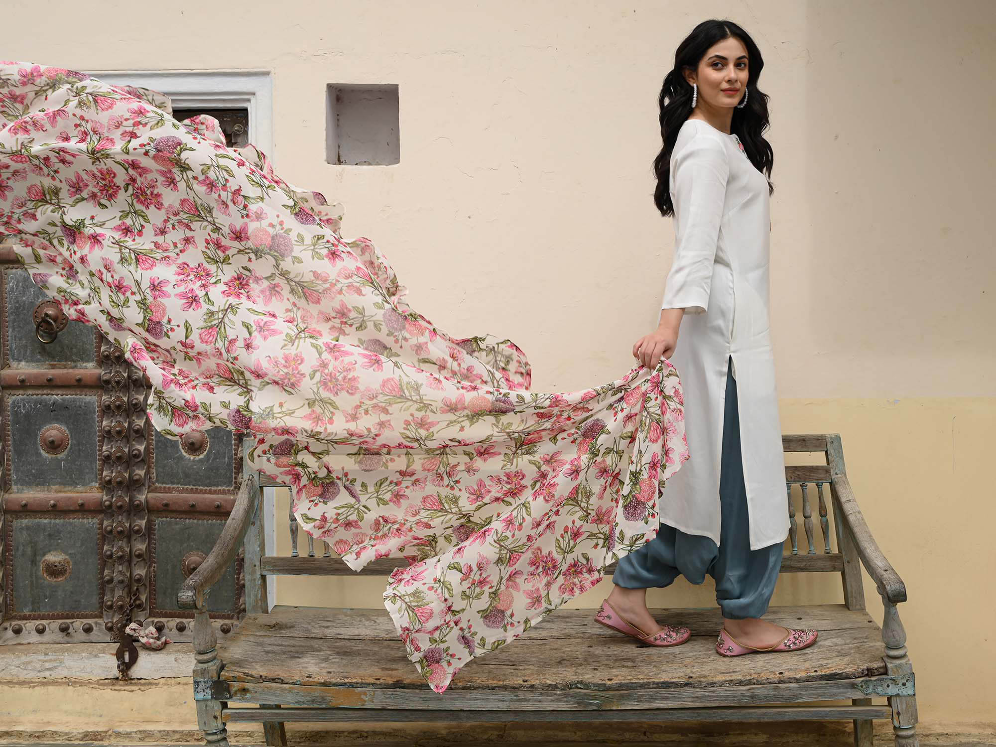 Floral Georgette Embroidered Cotton Kurta Pant Dupatta Set