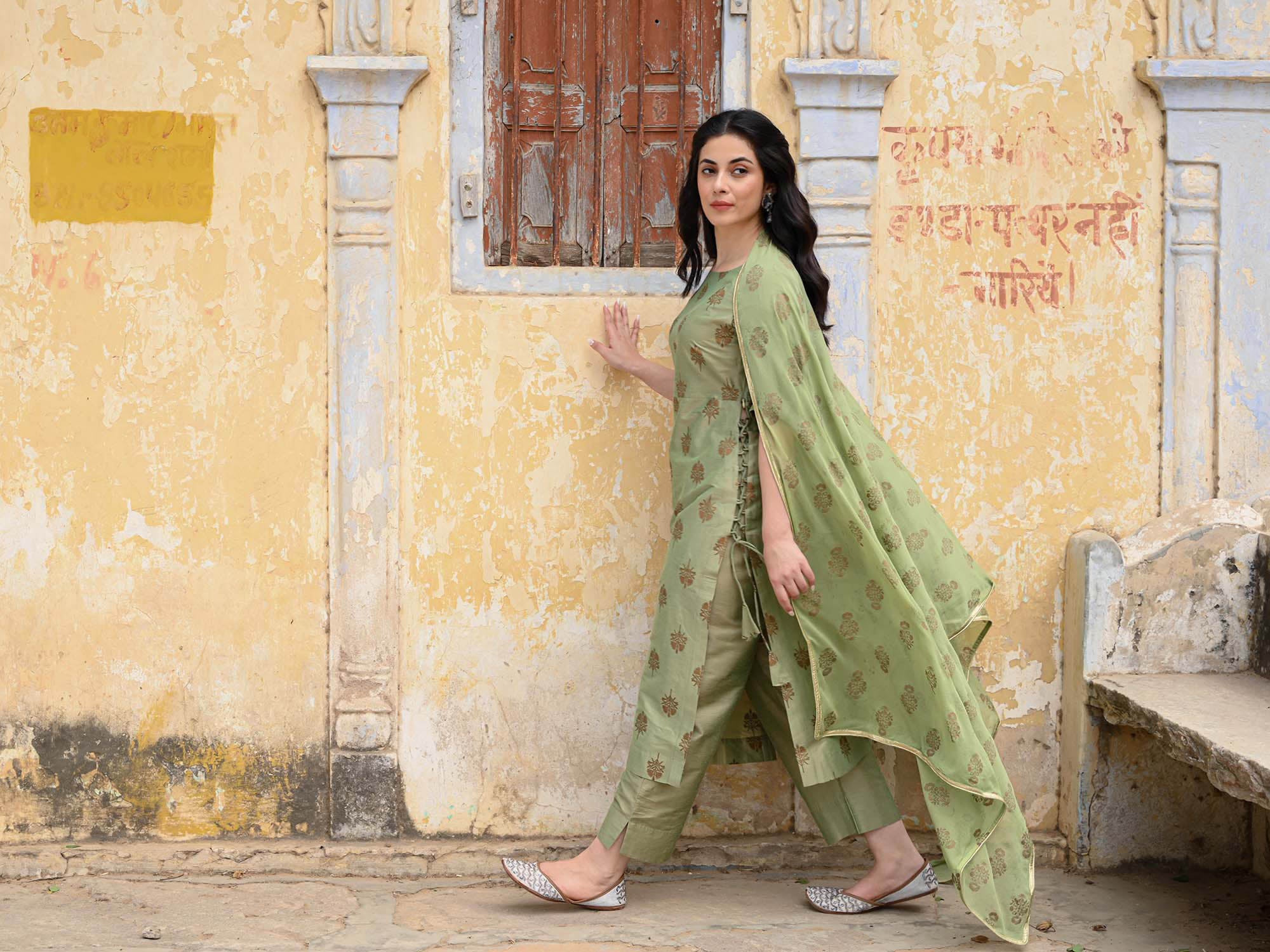 Olive Green Art Silk Kurta Pant Dupatta Set with Gold Block Print