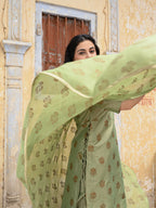 Olive Green Art Silk Kurta Pant Dupatta Set with Gold Block Print