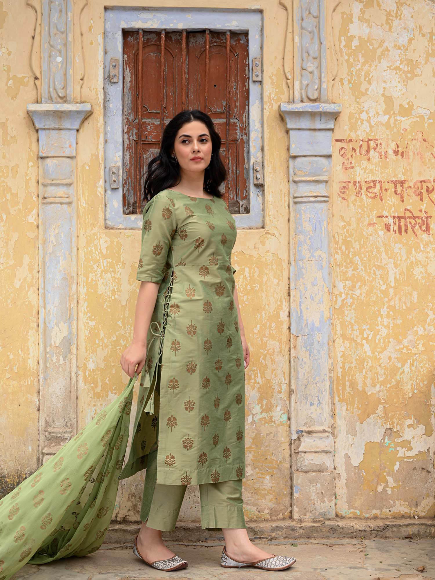 Olive Green Art Silk Kurta Pant Dupatta Set with Gold Block Print