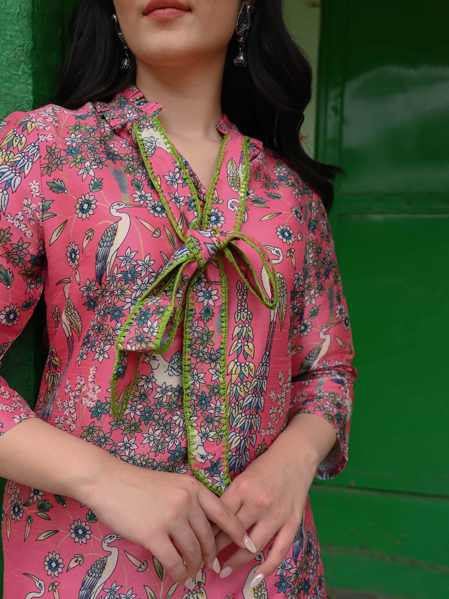 Flamingo Pink Printed Cotton Kurta & Pant Set