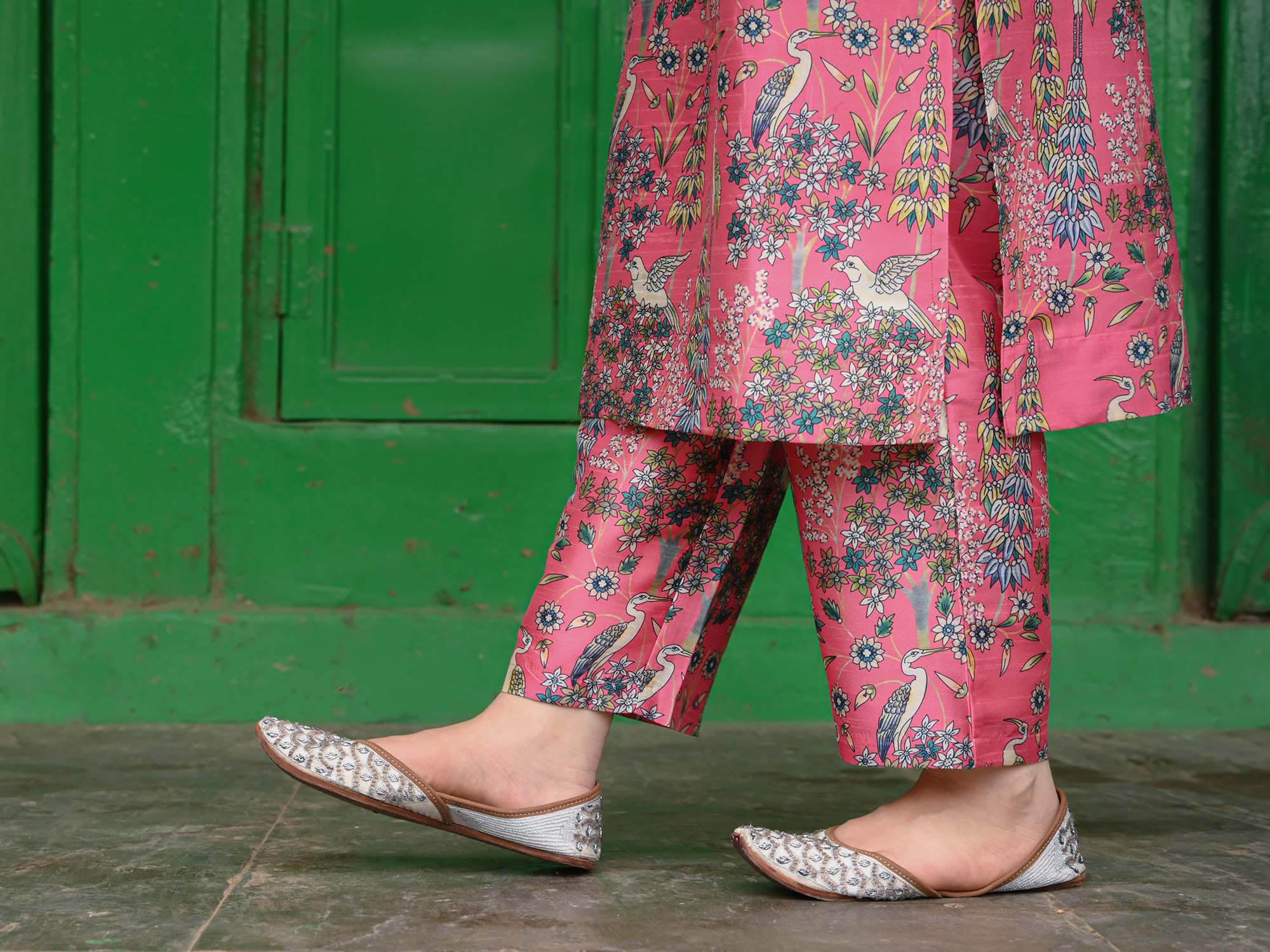 Flamingo Pink Printed Cotton Kurta & Pant Set