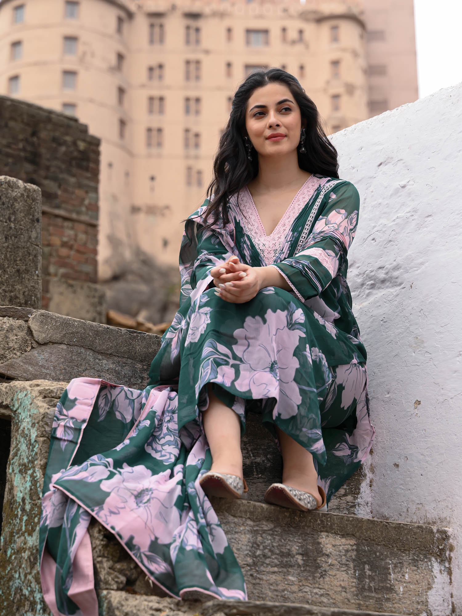Chiffon print & lace Pakistani ensemble