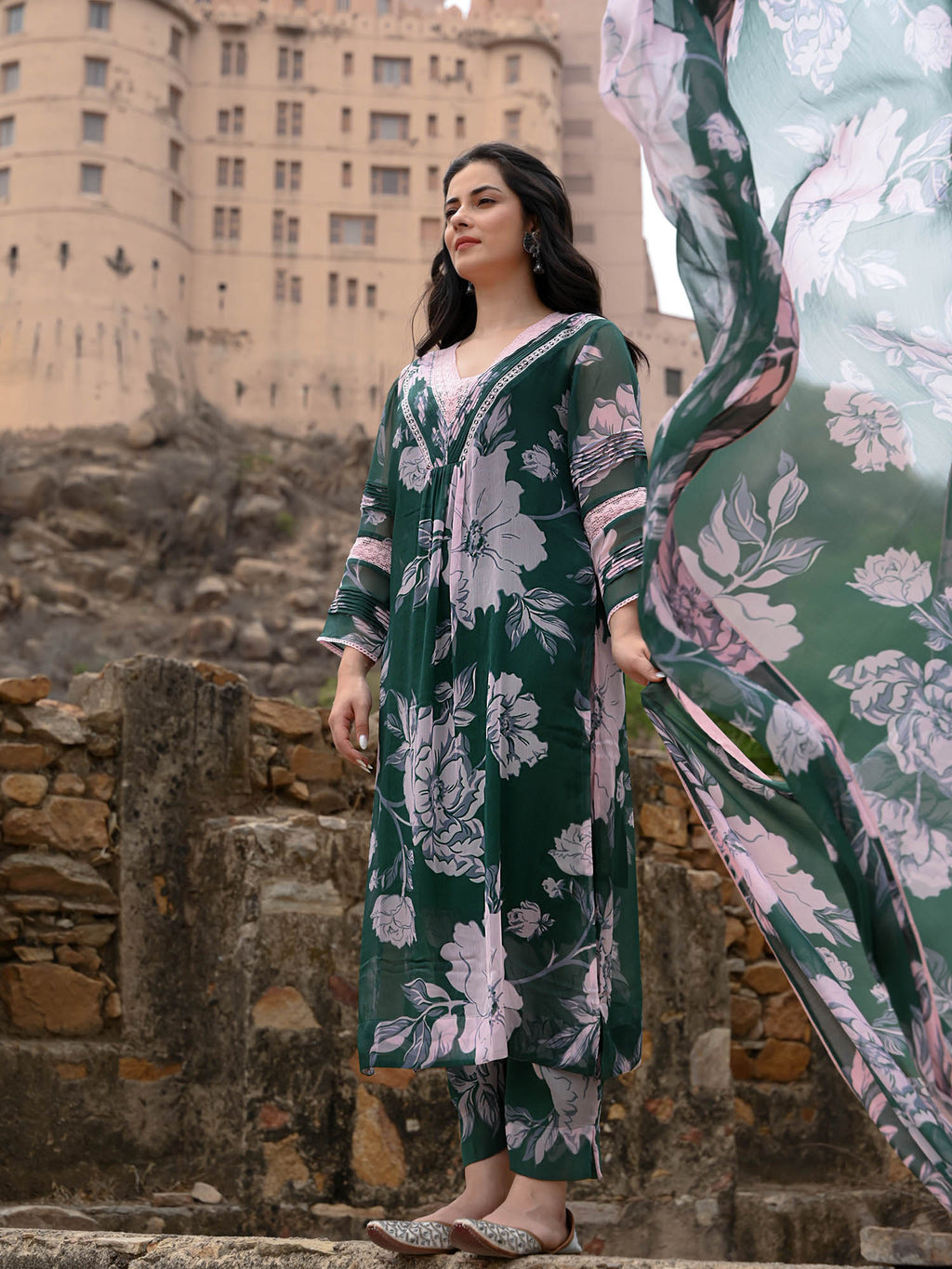 Chiffon print & lace Pakistani ensemble