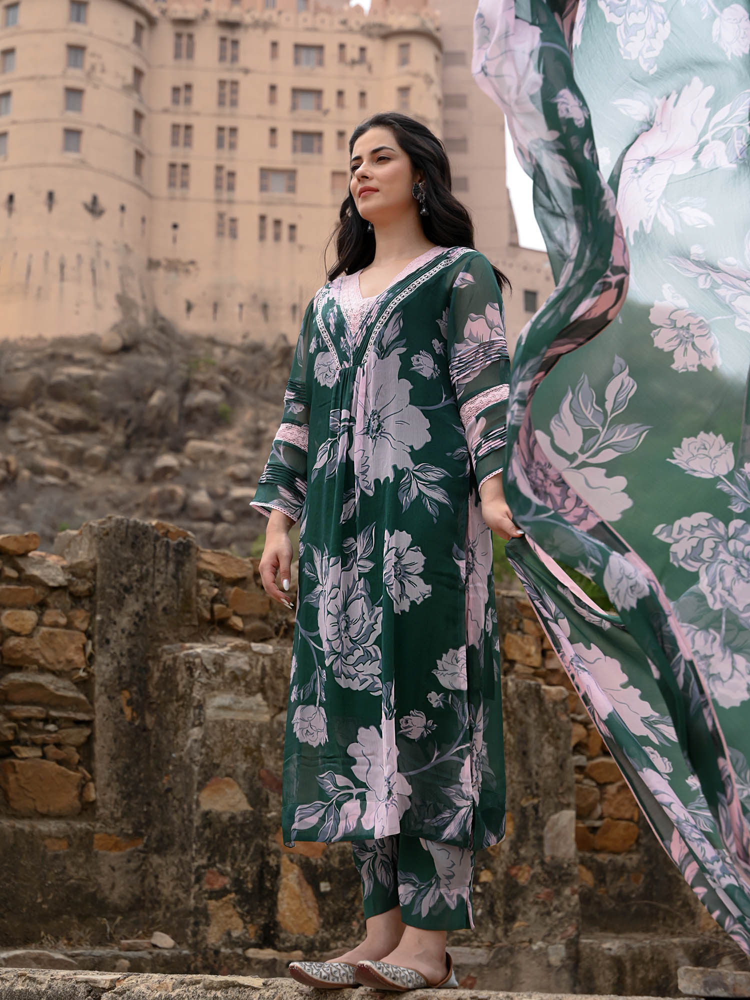 Chiffon print & lace Pakistani ensemble