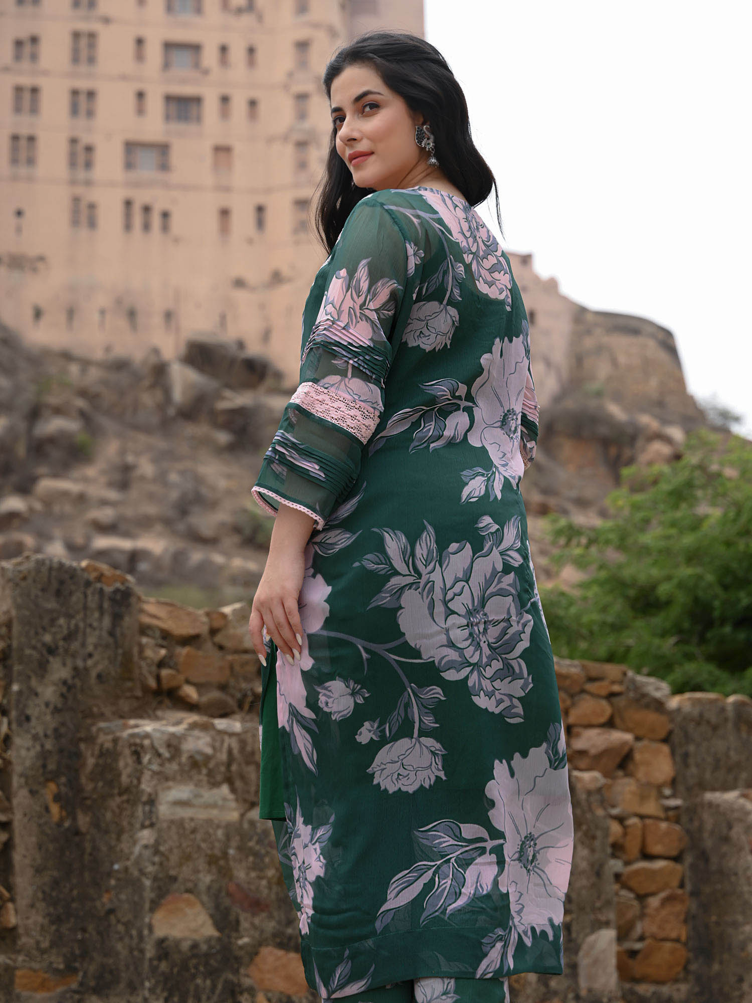Chiffon print & lace Pakistani ensemble