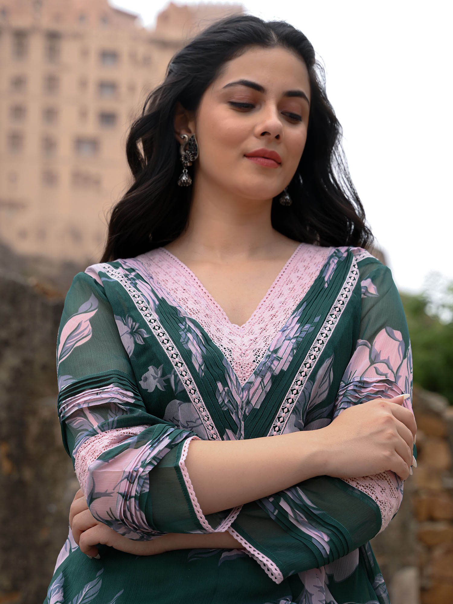 Chiffon print & lace Pakistani ensemble