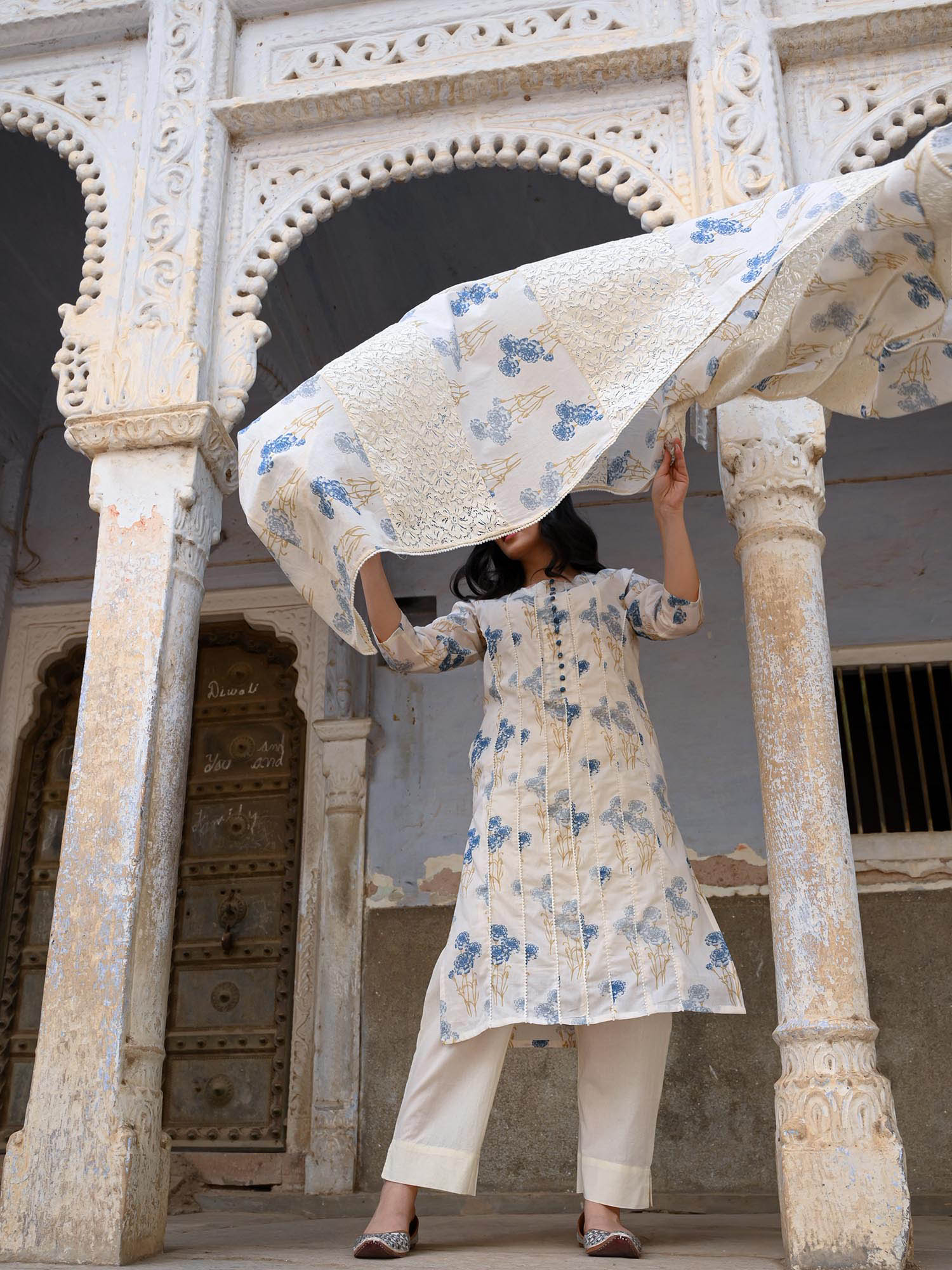 Off-White Floral Cotton Straight  Kurta Set