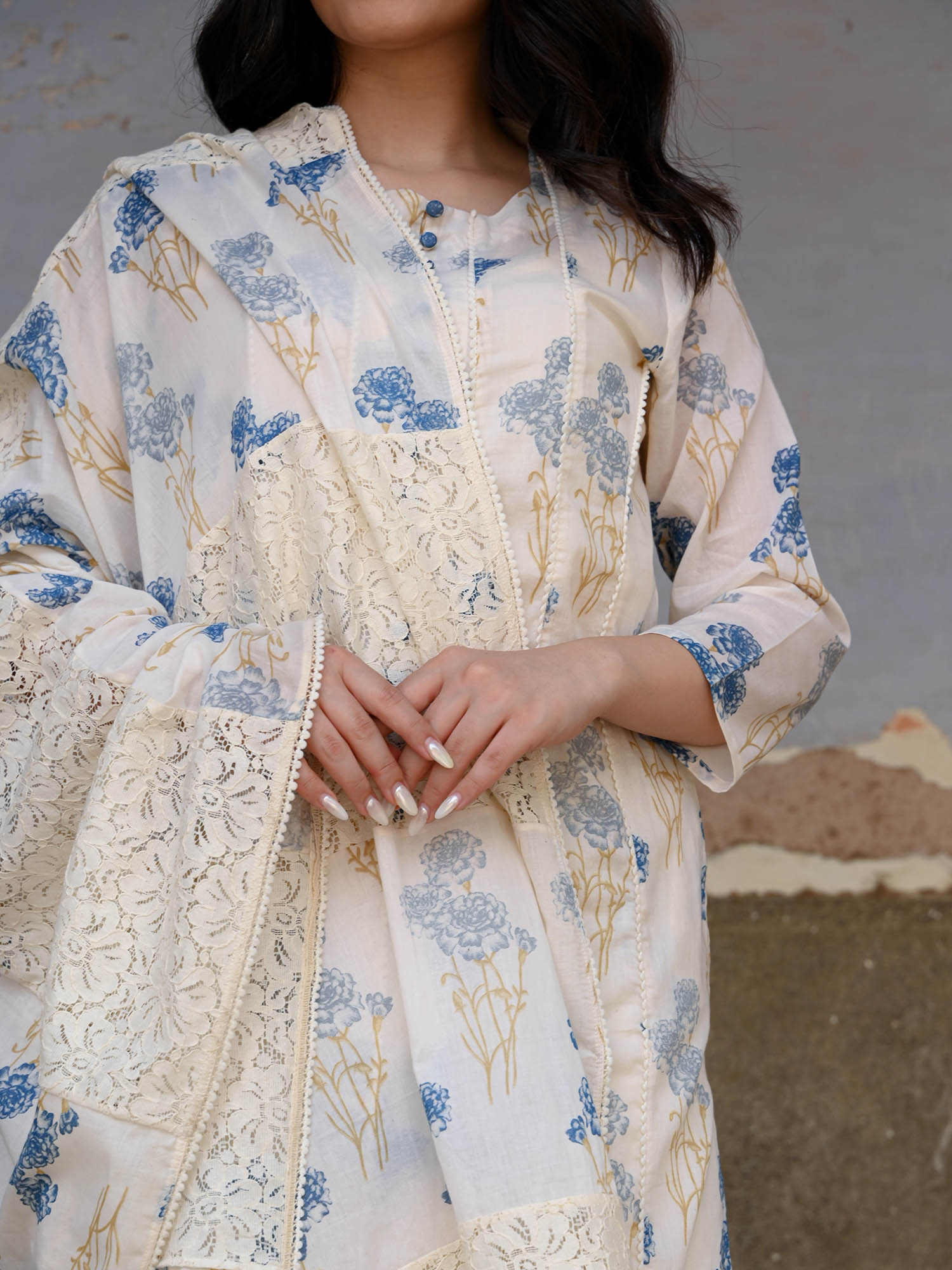 Off-White Floral Cotton Straight  Kurta Set