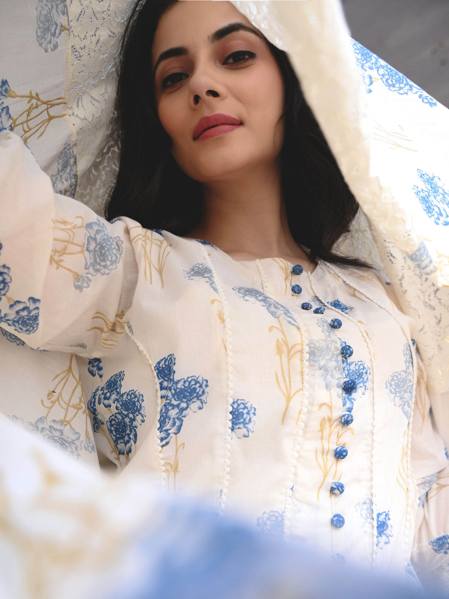 Off-White Floral Cotton Straight  Kurta Set