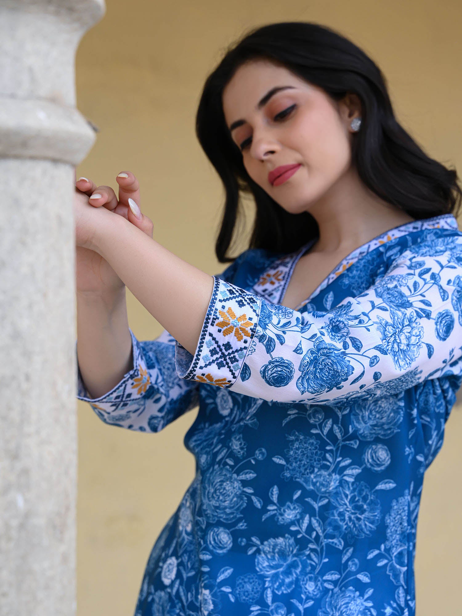 Blue Floral Printed Cotton Kurta Set