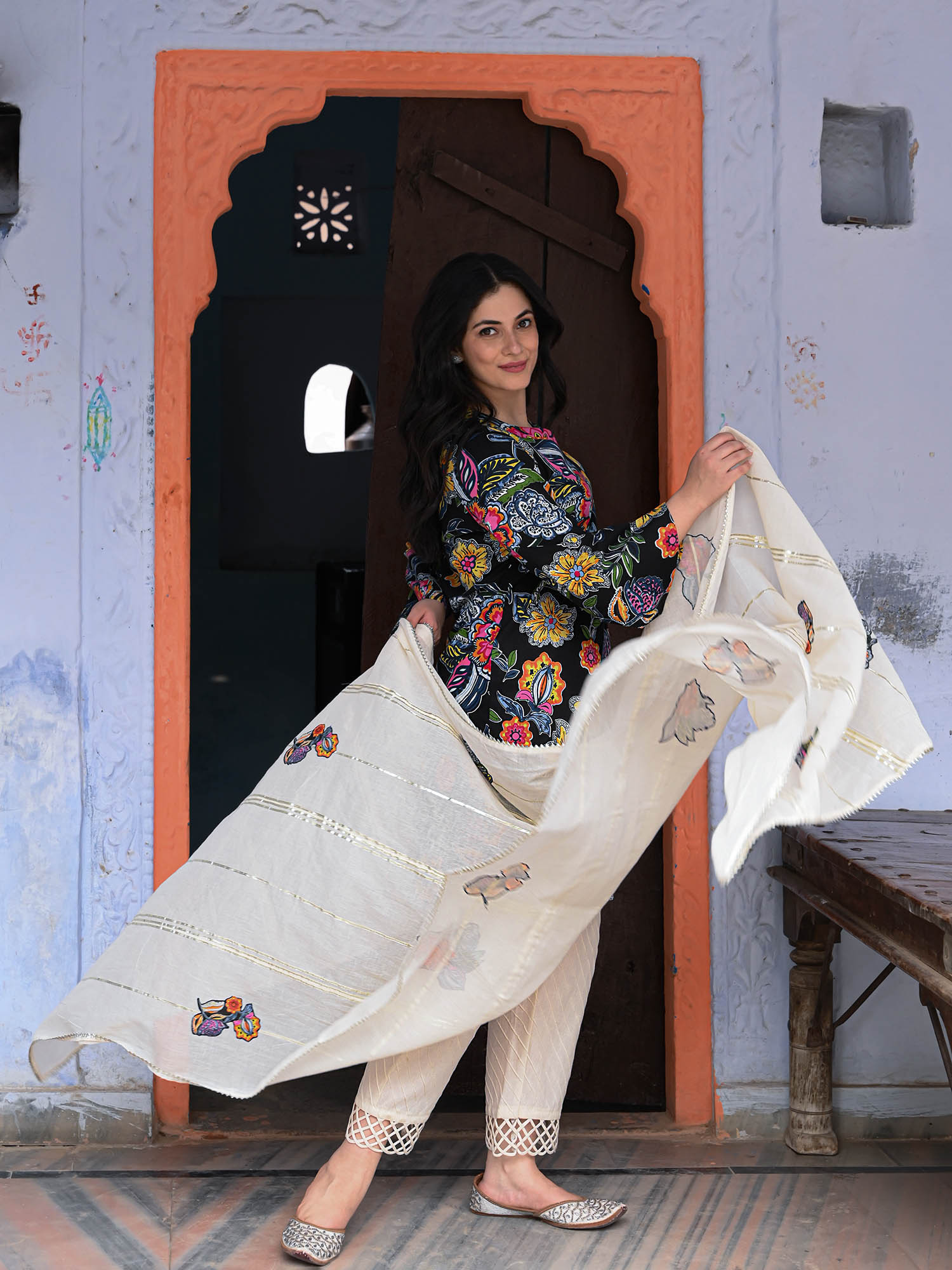 Monochrome Floral Printed Cotton Kurta Set