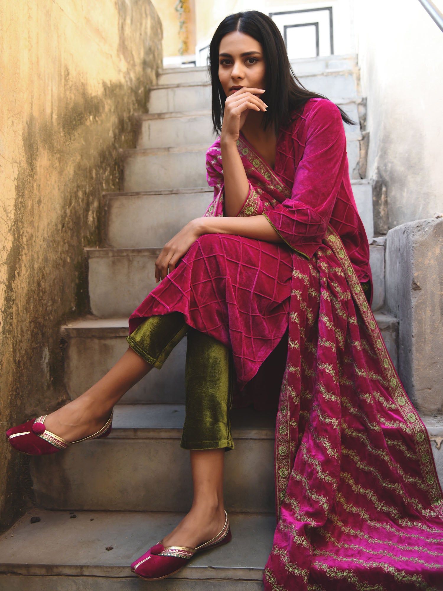 Sparkling & Classy Rani Pink Velvet Ensemble