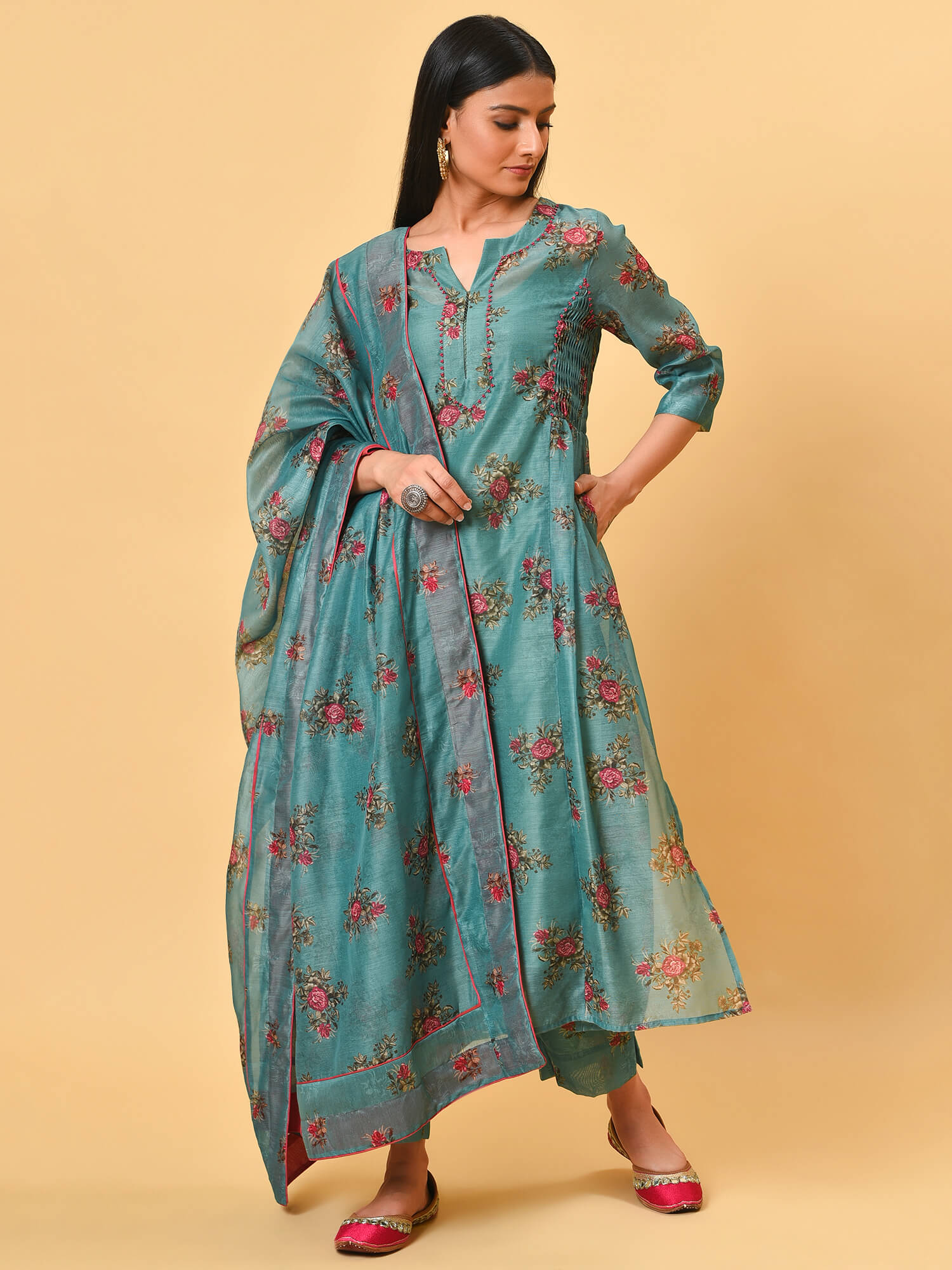 Printed Chanderi Kurta Pant Set
