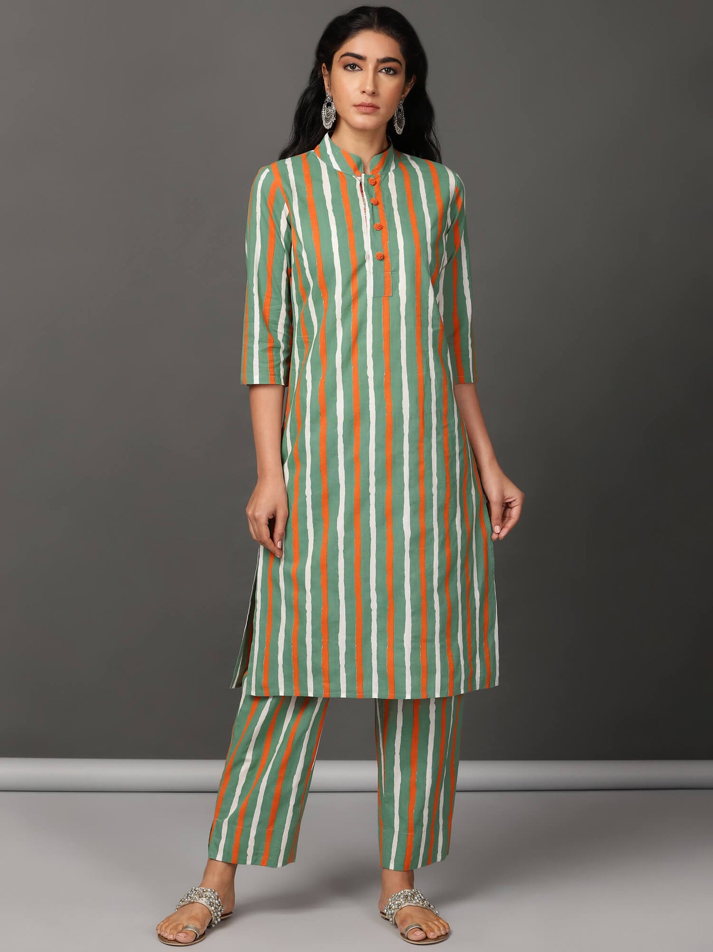 Peach Striped Kurta Set