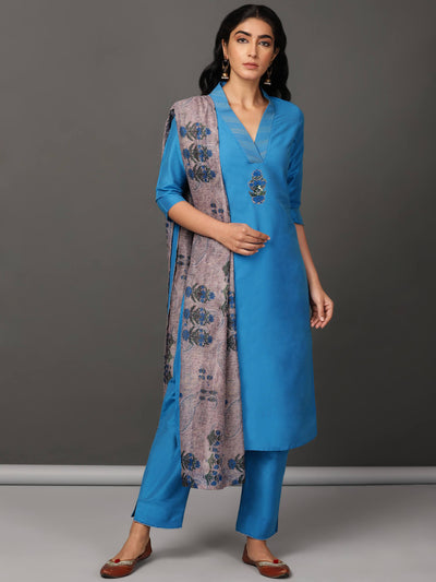 Blue Art Silk Suit Kurta, Pants & Dupatta Set