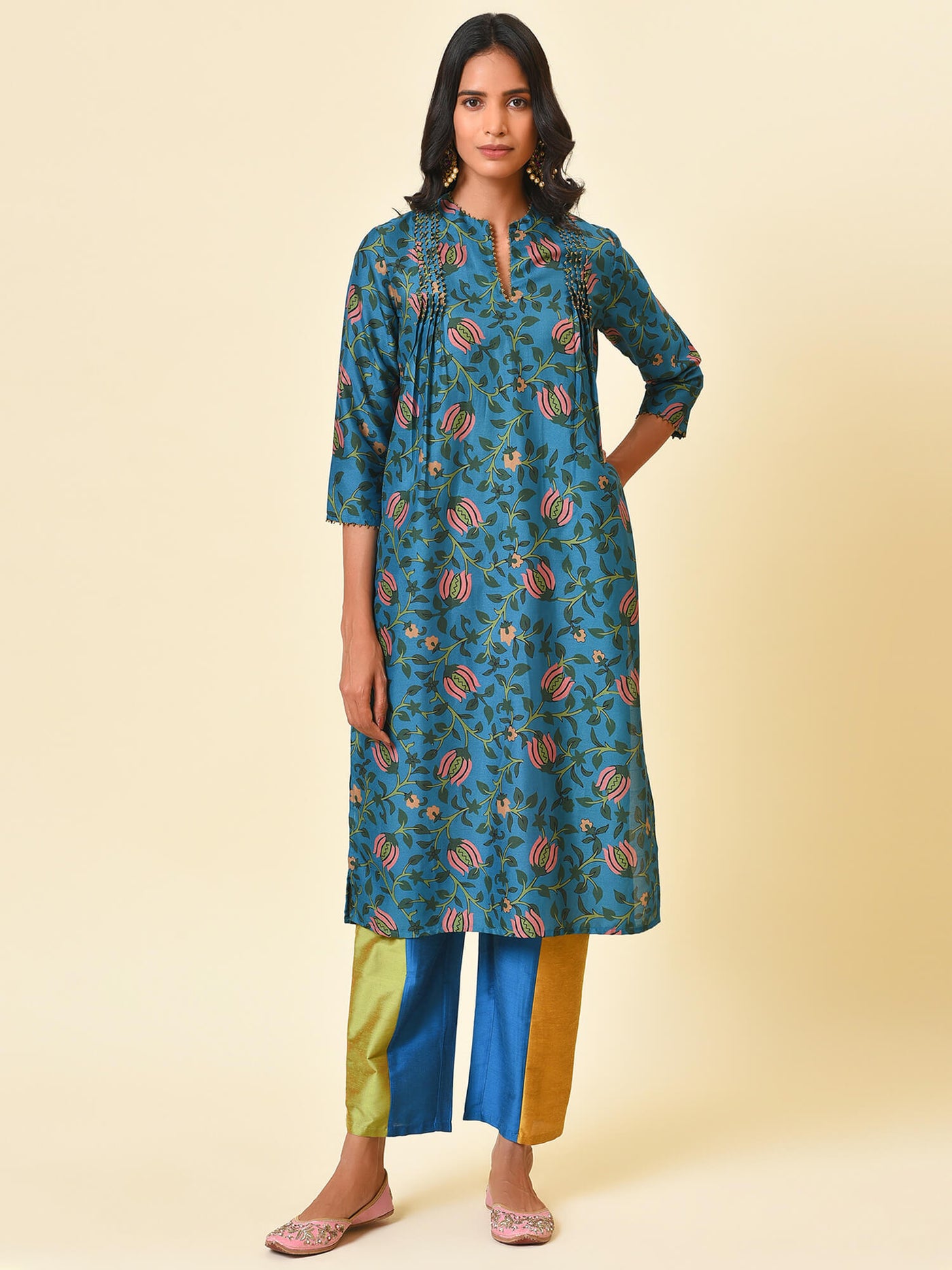 Carefree and colourful printed kurta with colour block pant