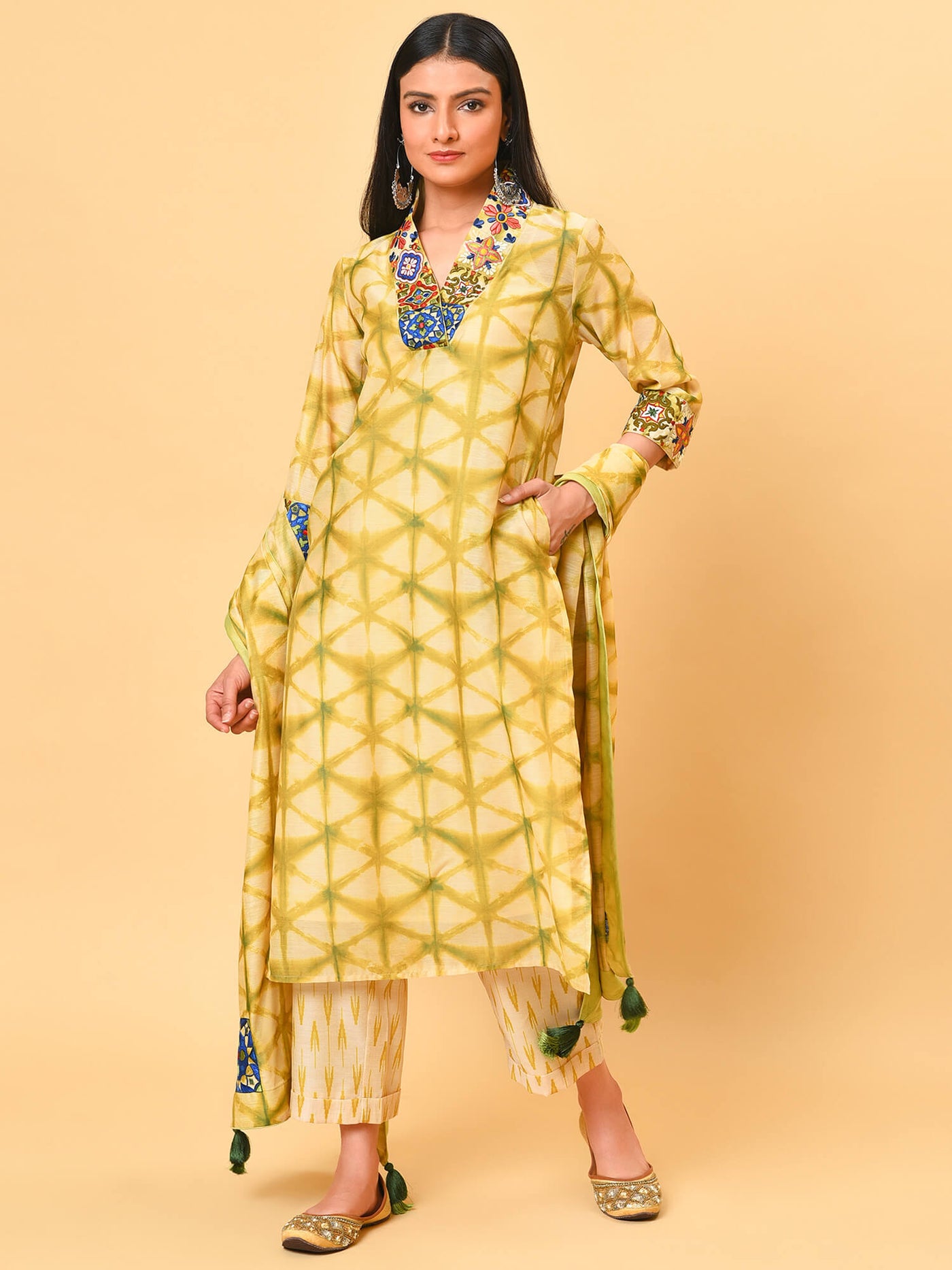 Yellow & Green Shibori Kurta- Pant Set