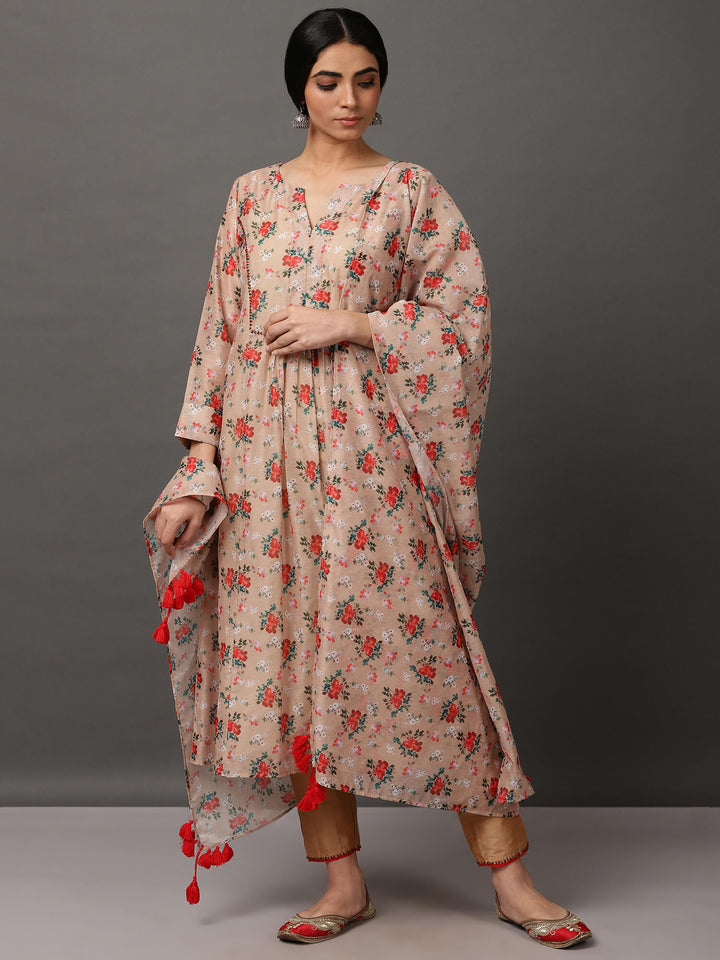 Beige Ditsy Print Chanderi Kurta Set with Dupatta