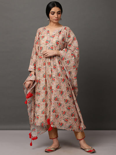 Beige Ecru Ditsy Print Chanderi Kurta And Pant With Dupatta & Inner
