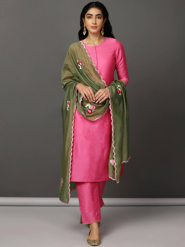 Pink Art Silk Kurta with pants and Olive Chanderi dupatta.