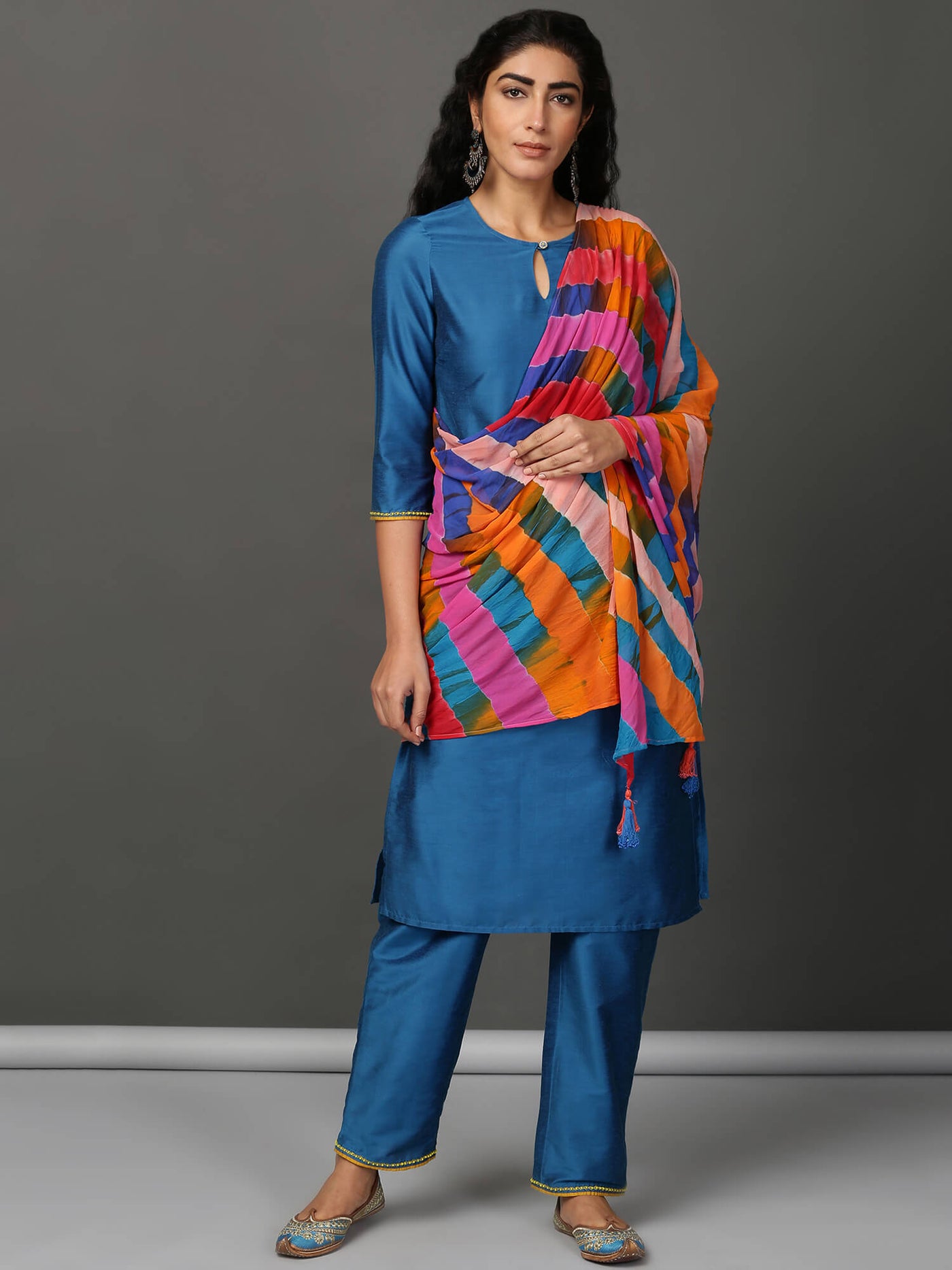 Blue Art Silk Kurta, Pants & Leheriya Dupatta Set