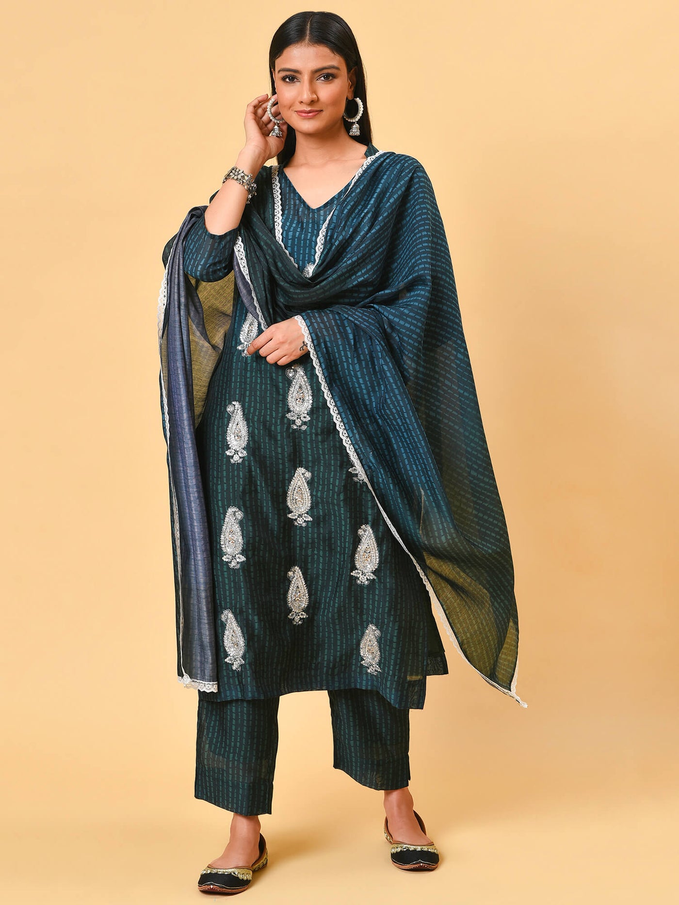 Blue & Green Shibori Kurta-Pant & Dupatta Set