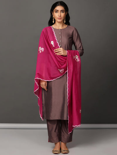 Brown Art Silk Kurta, Pants & Dupatta Set