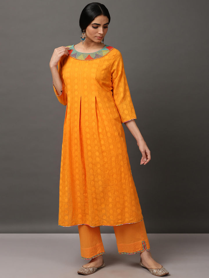 Orange Jacquard Kurta & Pant With Hand Embroidery