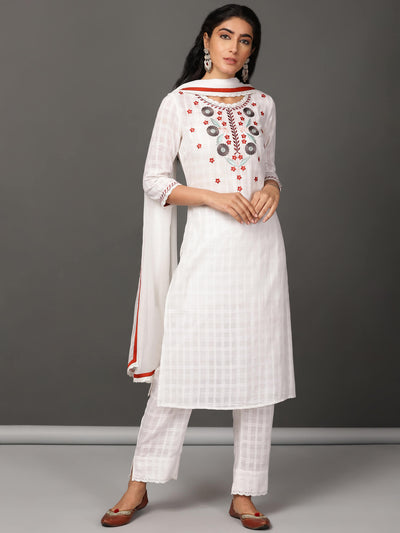 White Cotton Kurta, Pants & Dupatta Set