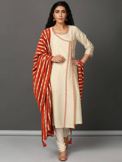 Off White Art Silk Angrakha Churidar & Dupatta Set