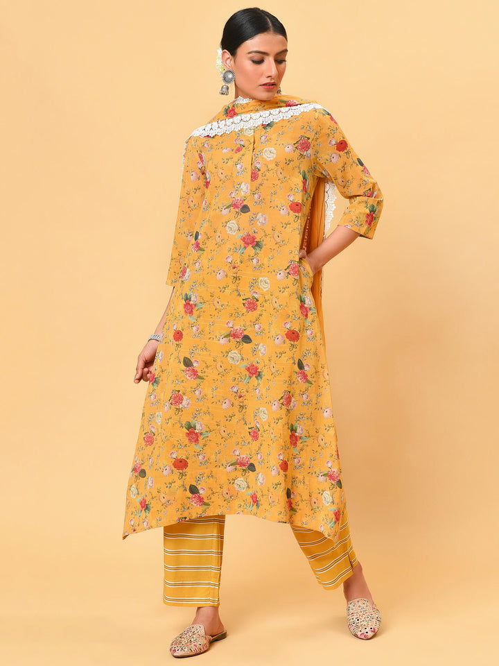 Beaming sunshine yellow print kurta pant and dupatta