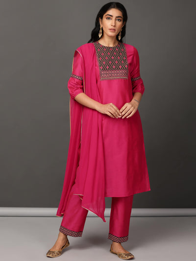 Fuchsia Art Silk Kurta & Pants Set