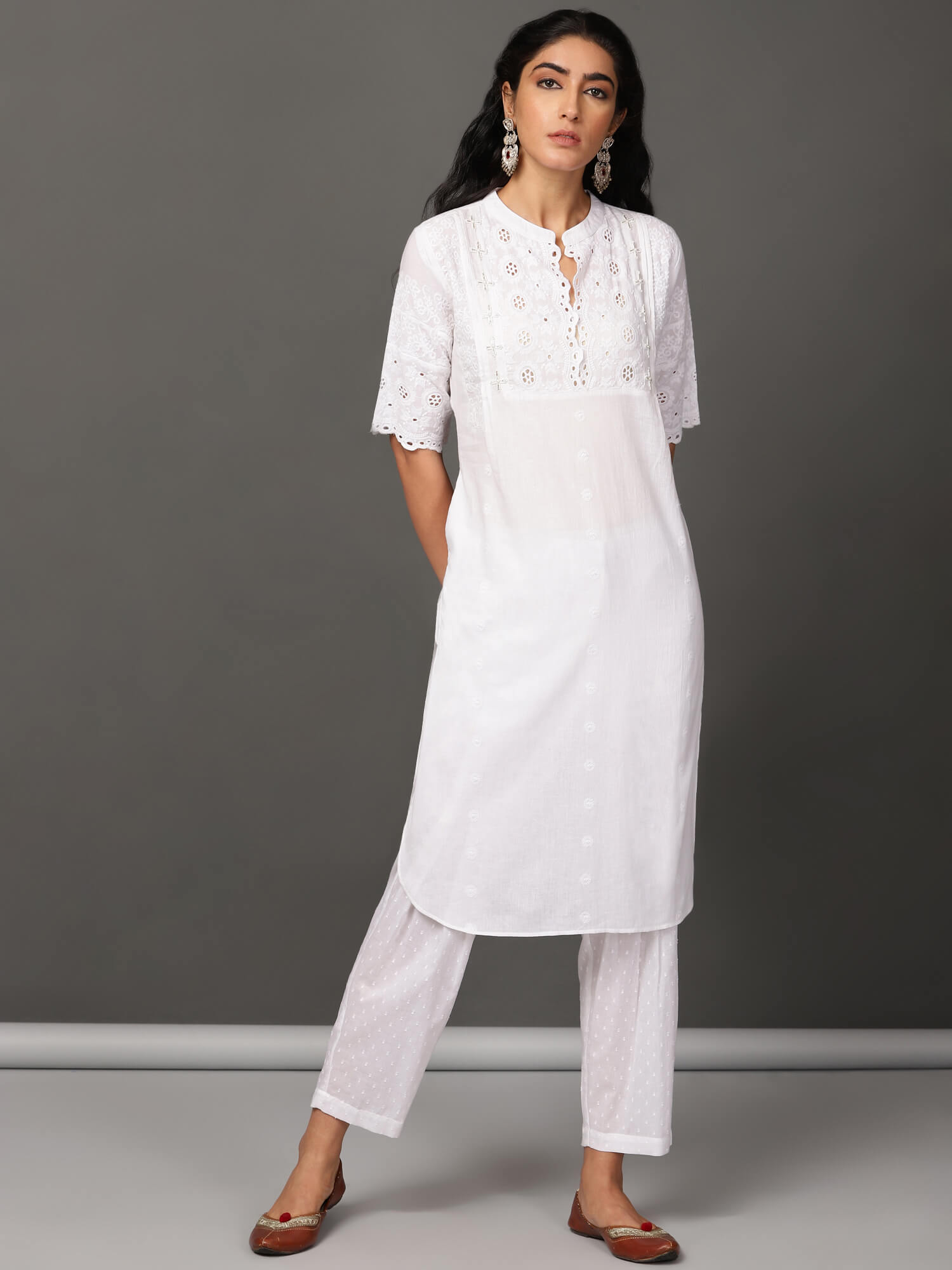 White Schiffly Kurta & Salwar Set