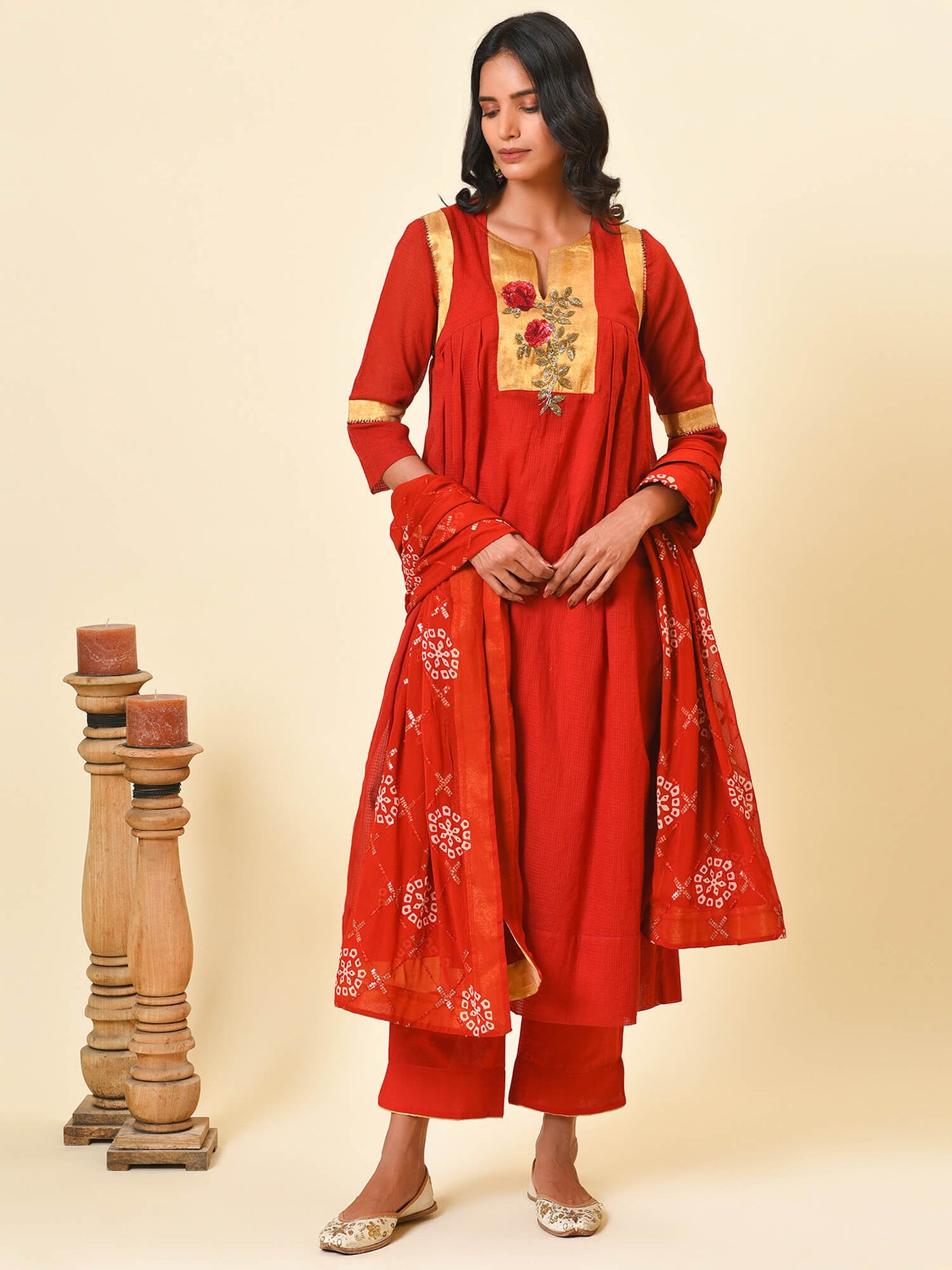 Radiant red and gold cotton kurta and pant with georgette dupatta