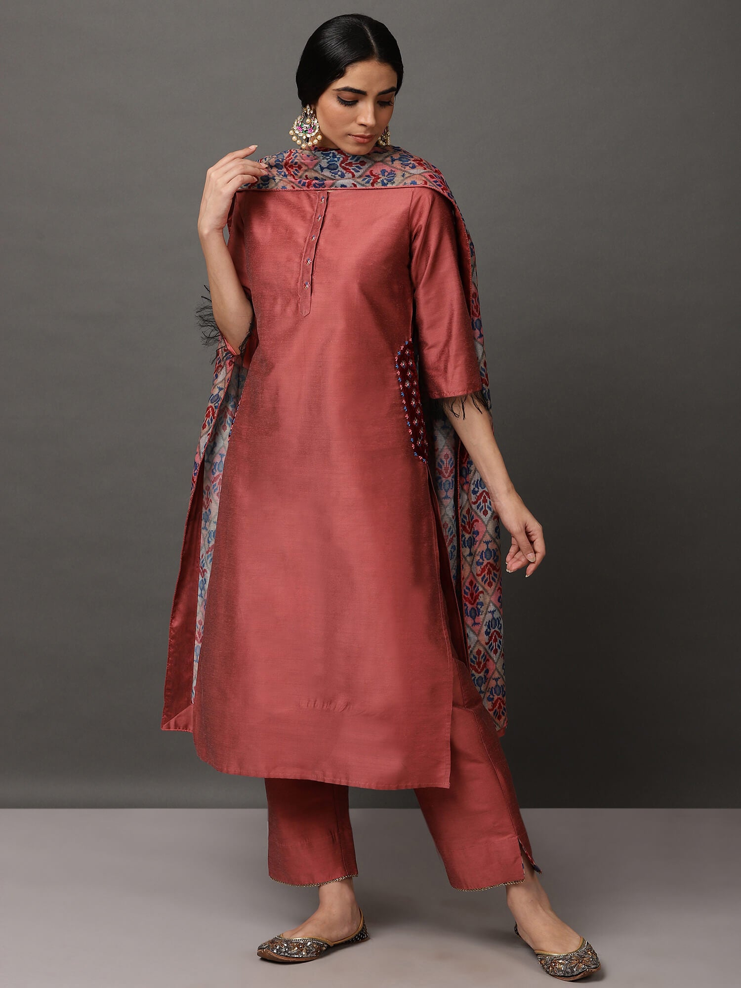 Pink Melange Kurta & Pant With Dupatta