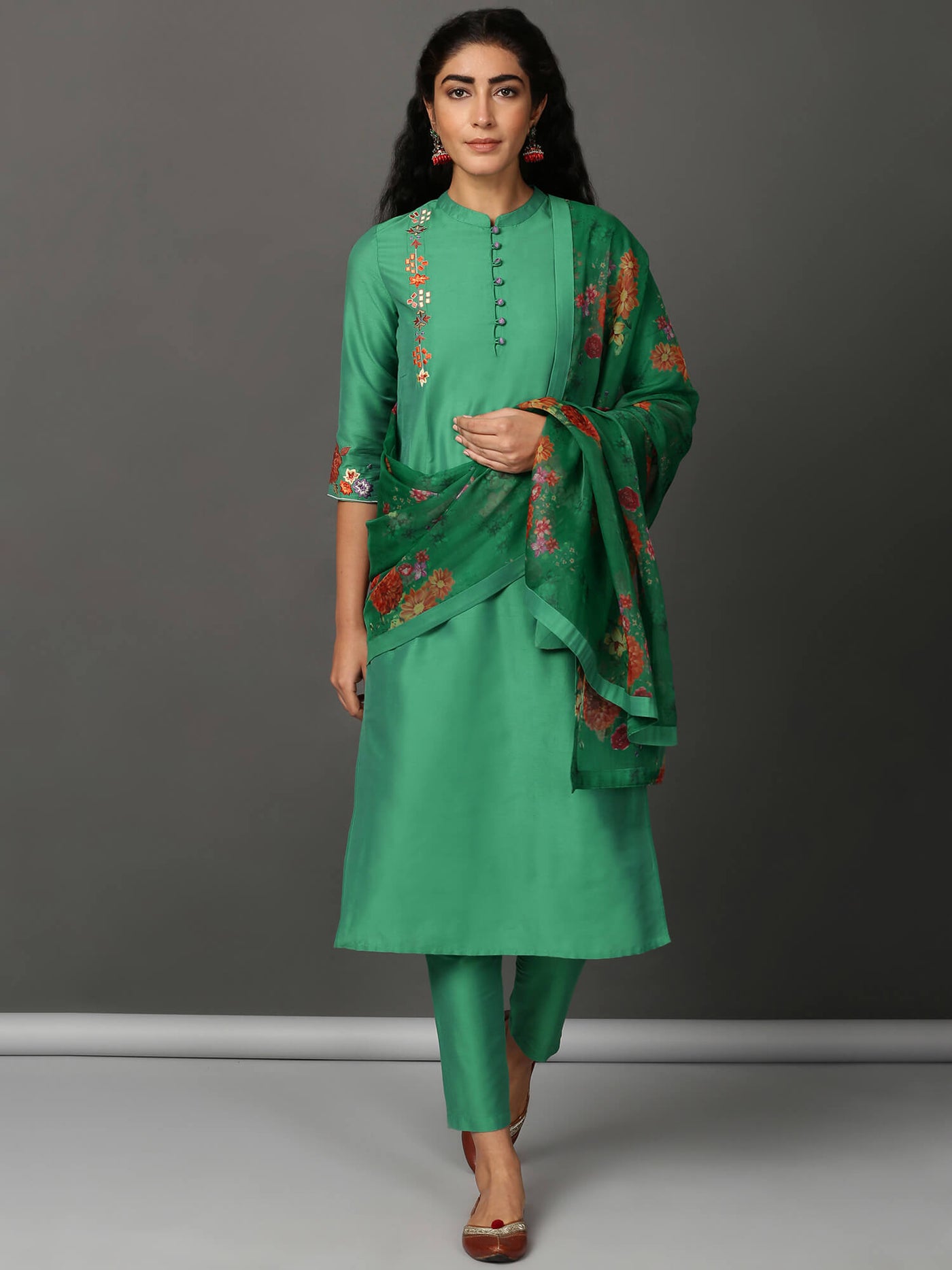 Green Art Silk Kurta, Pants & Dupatta Set