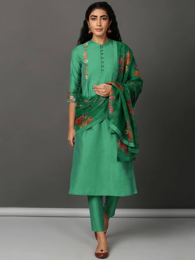 Green Art Silk Kurta, Pants & Dupatta Set