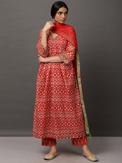 Maroon Ikat A Line Kurta And Pant With Dupatta & Camisole