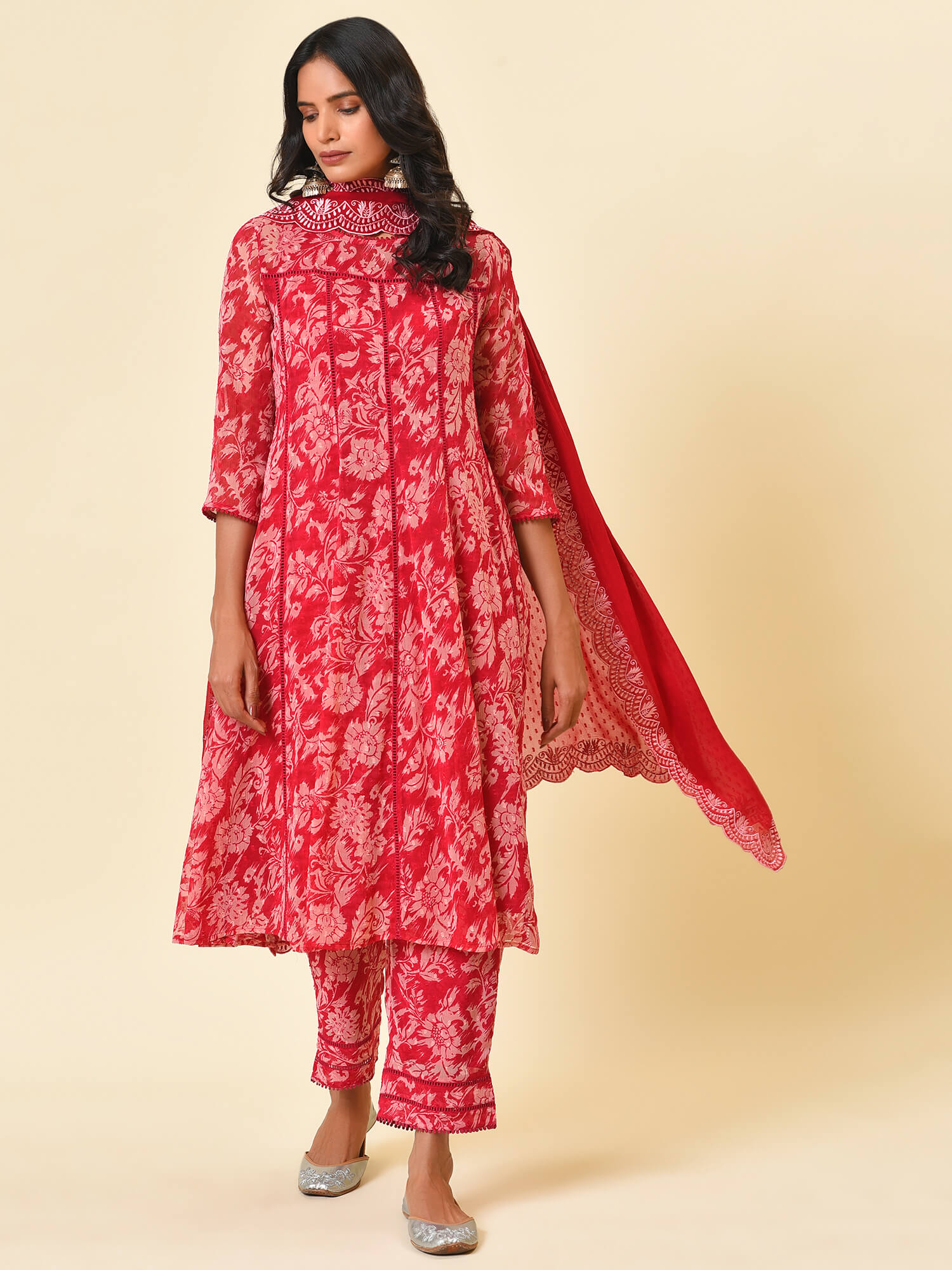Raspberry & Wine Printed Kurta, Pant & Dupatta Set
