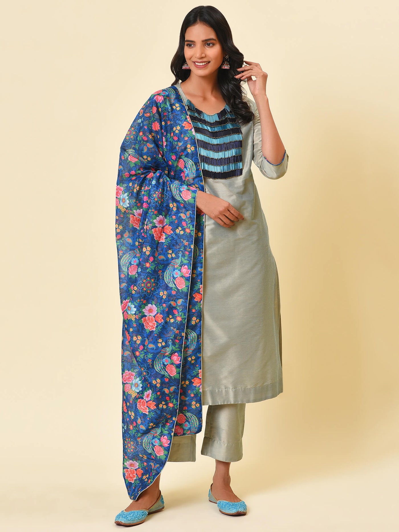 Lint Green Kurta- Pant & Dupatta Set