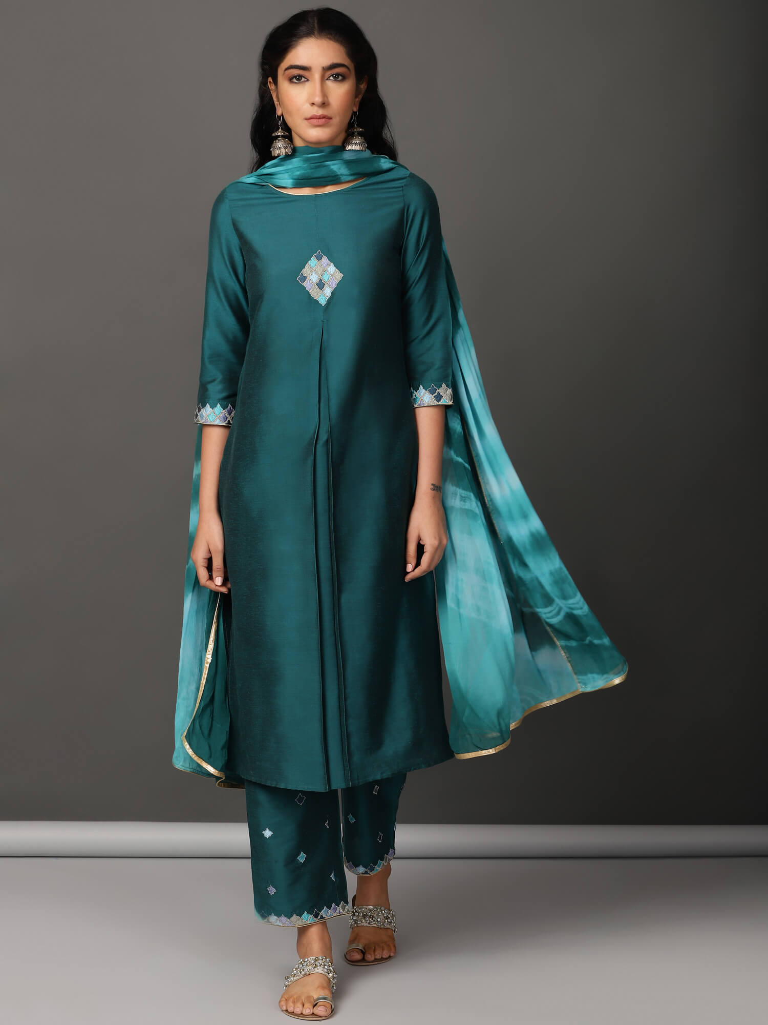 Art Silk Straight Kurta, Pants & Dupatta Set