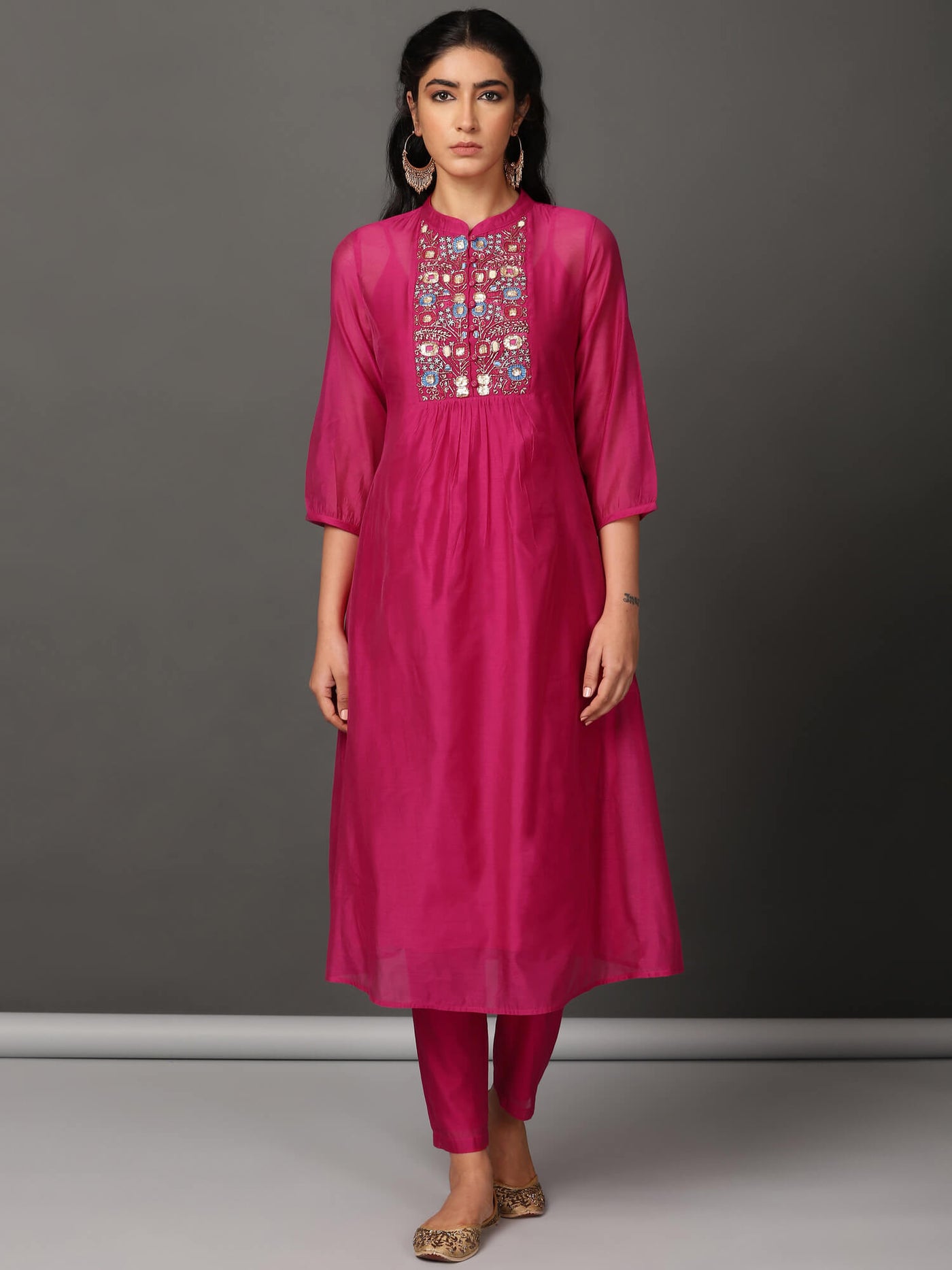 Fuchsia Pleated Chanderi Kurta & Pants Set