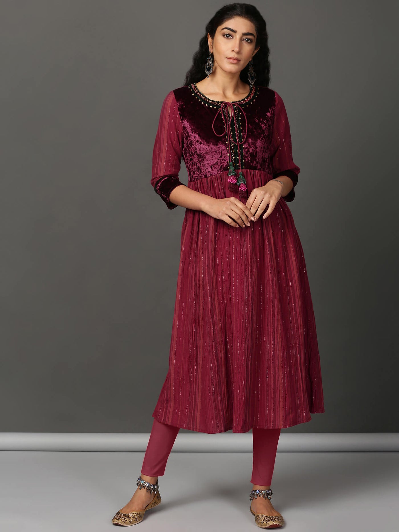 Deep Red Crinkled Kurta Churidaar Set