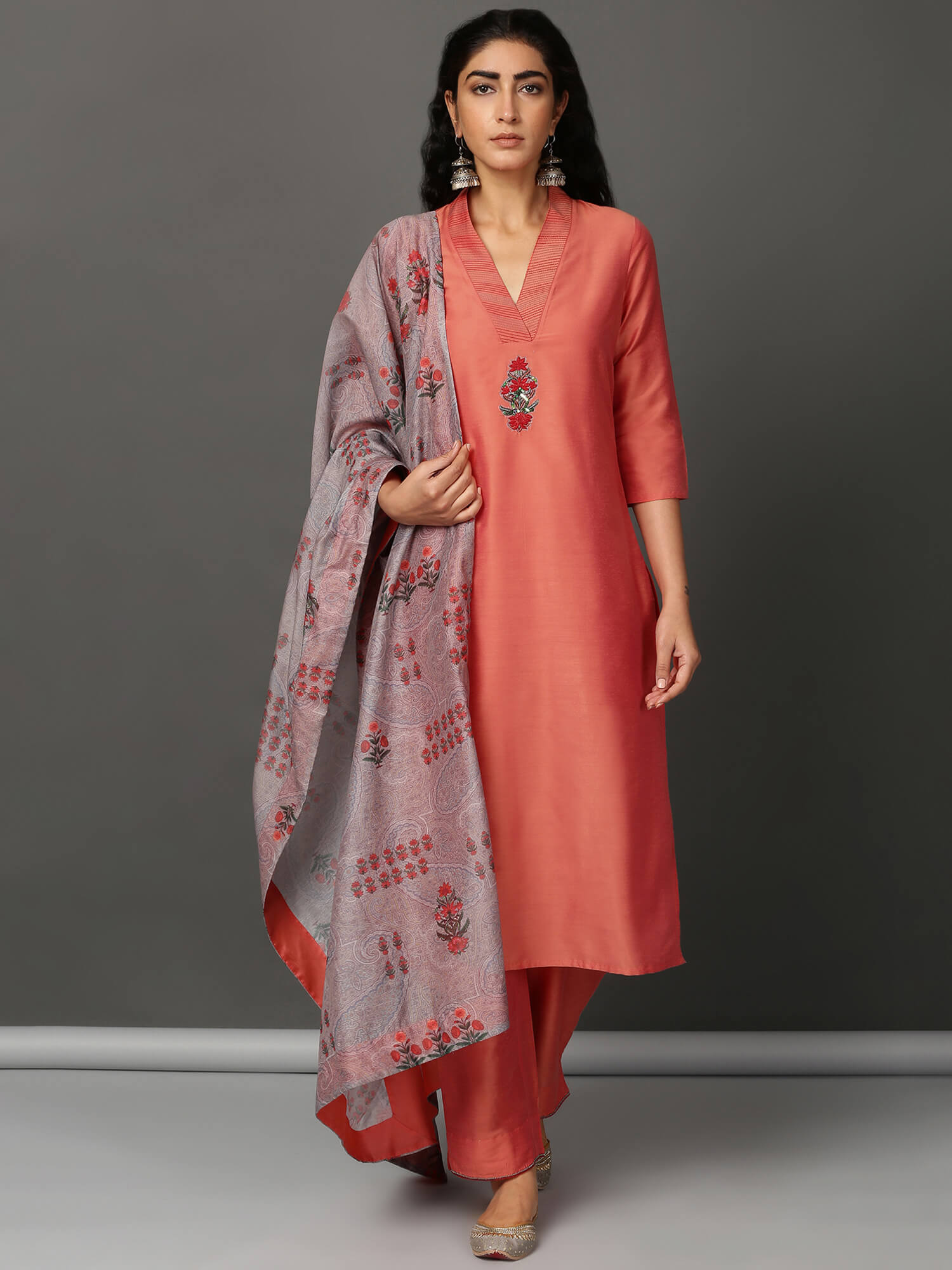 Peach Art Silk Suit Kurta, Pants & Dupatta Set